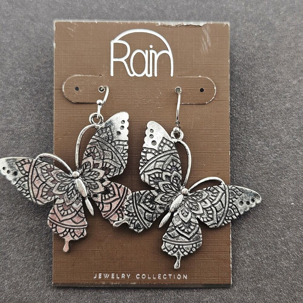 Silver Tone Oversized Butterfly Dangle Drop Earrings Boho Forest Nymph Fairycore